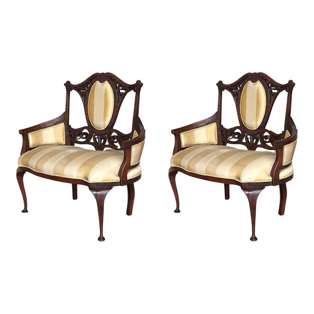 Pair of Art Nouveau Large Armchairs in Walnut For Sale