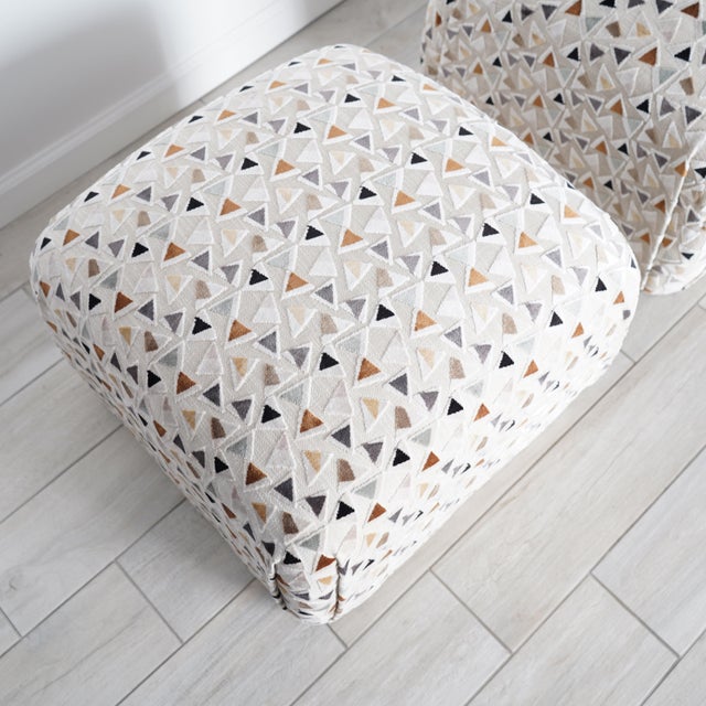 Mid 20th Century Soufflé Pouf Ottoman Pair After Karl Springer in Kravet Trio Tango Fabric For Sale - Image 14 of 17