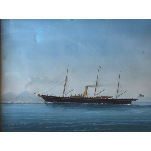 A gouache painting on paper by noted artist Luigi Roberto (Italian, 1945-1910) depicting a port side view of a steam yacht...