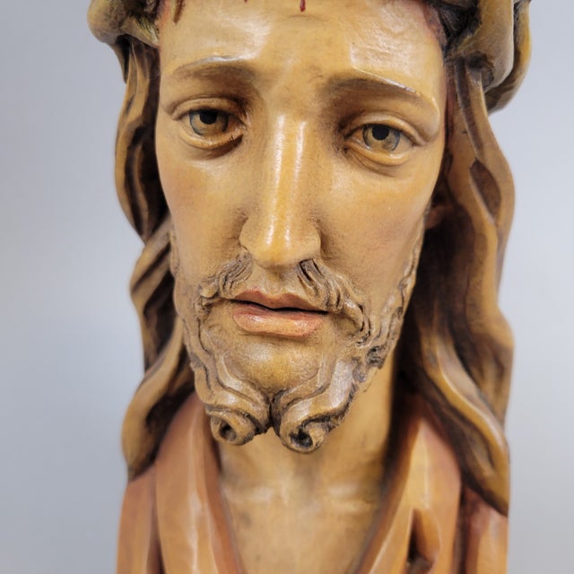 Figurative Anri Hand-Carved Wood Bust of Christ With Crown of Thorns – Italy, Mid-Century For Sale - Image 3 of 13