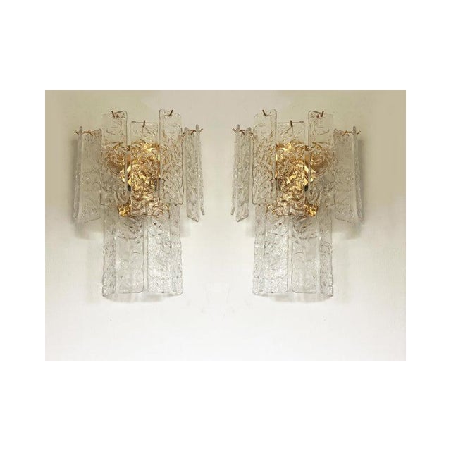 Set of 2 italian contemporary ”hammered listelli ” murano glass wall sconces. transparent and rectangular strips “listelli...