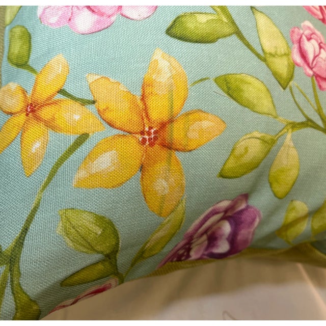 Large Bolster Pillow With a Vibrant Vintage Inspired Floral Pattern With Colorful Flowers, Butterflies & Bees on a Pale Blue Background - Made in U K For Sale - Image 4 of 11