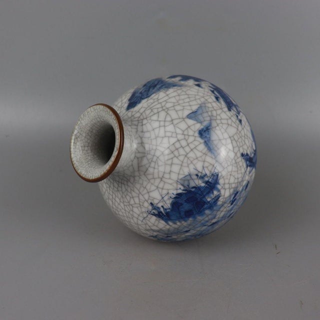 Vintage Chinese Crackle Glaze Blue & White "Jiangnan Water Town" Landscape Vase For Sale In Los Angeles - Image 6 of 7