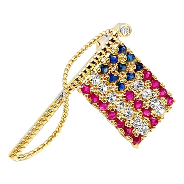 14k Yellow Gold Sapphire Studded Flag Pin For Sale