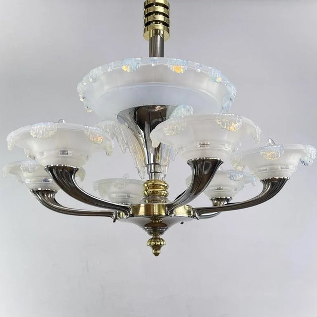 Metal Large Art Deco Chandelier attributed to Boris Lacroix for Ezan, 1930s For Sale - Image 7 of 13