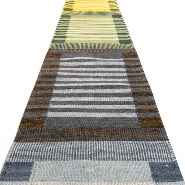 Mid-Century Modern Handwoven Kilim Runner | 1'8" X 8'8" | Scandinavian-Inspired Color Block Design | Indian Flatweave Wool Rug For Sale - Image 3 of 5