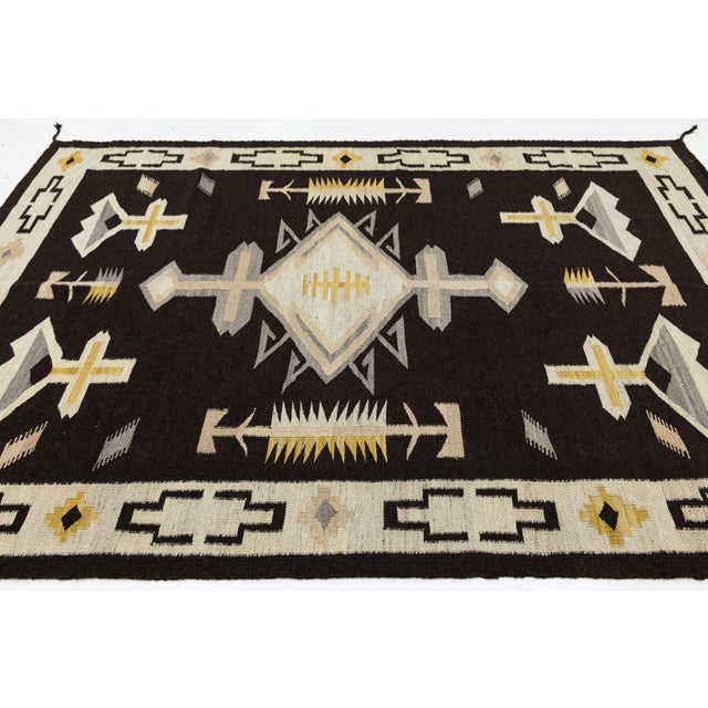 Charcoal Modern Navajo Style Hand-Woven Wool Rug With Geometric Diamond Motif For Sale - Image 8 of 11