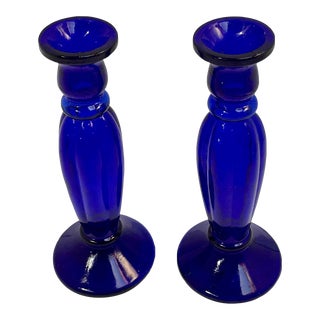 1970s Cobalt Pressed Glass Candlesticks - a Pair For Sale