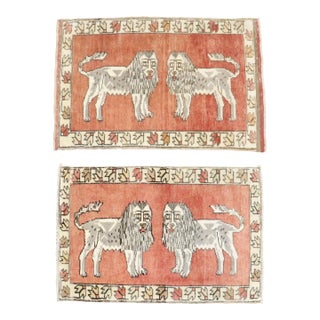 Mid 20th Century Pair of Lion Turkish Small Mats rug no. j4706 For Sale