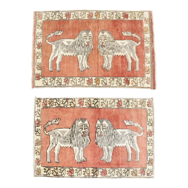 Mid 20th Century Pair of Lion Turkish Small Mats rug no. j4706 For Sale