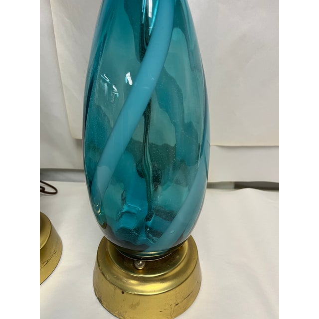 1970s 1970s Mid-Century Modern Murano Blue Swirl Glass Lamps - a Pair For Sale - Image 5 of 5