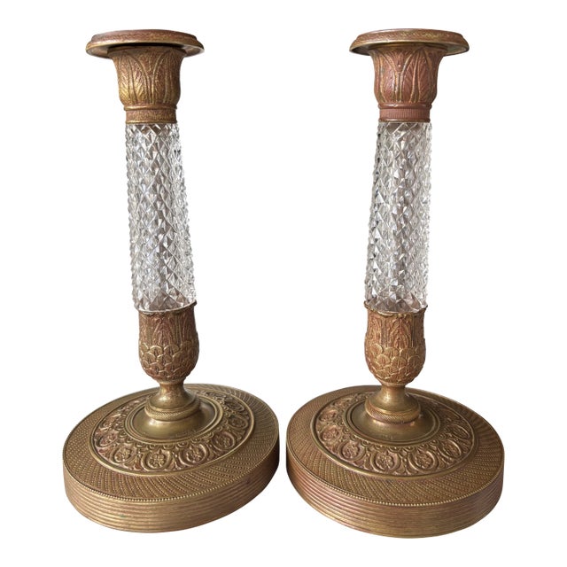 Antique French Empire Revival Gilt Brass & Cut Glass Candlesticks - A Pair For Sale