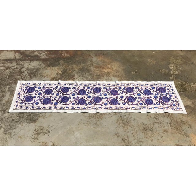 Blue Blue Crochet Suzani Handmade Table Runner For Sale - Image 8 of 8