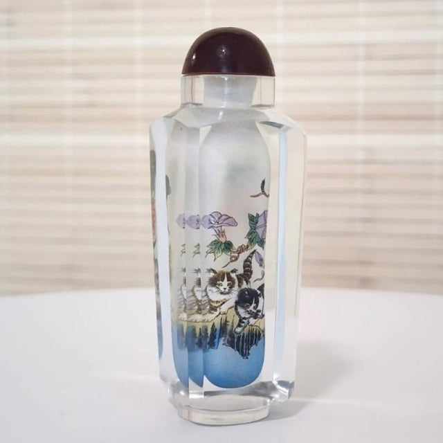 1970s Vintage Chinese Inside-Painted Glass Snuff Bottle - Playful Cats & Flowers For Sale - Image 5 of 18