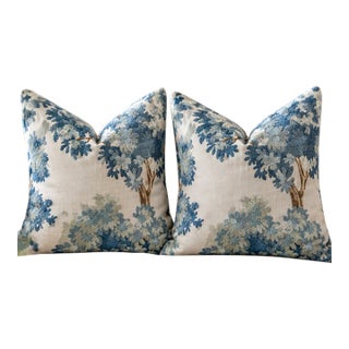 Pair of Lee Jofa Sherwood Horizon Blue Embroidered 22" Down Pillows For Sale