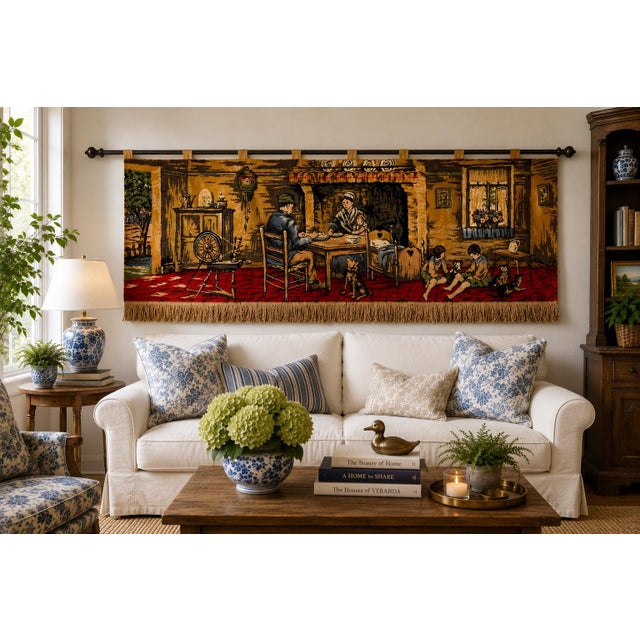 Large Vintage Belgian Jacquard Woven Wall Tapestry, Family Cottage Scene, 70" For Sale - Image 12 of 12