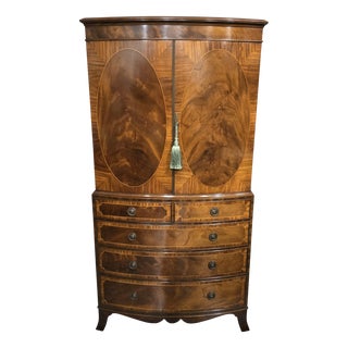 Inlaid Bow Front Linen Press, 1910s For Sale