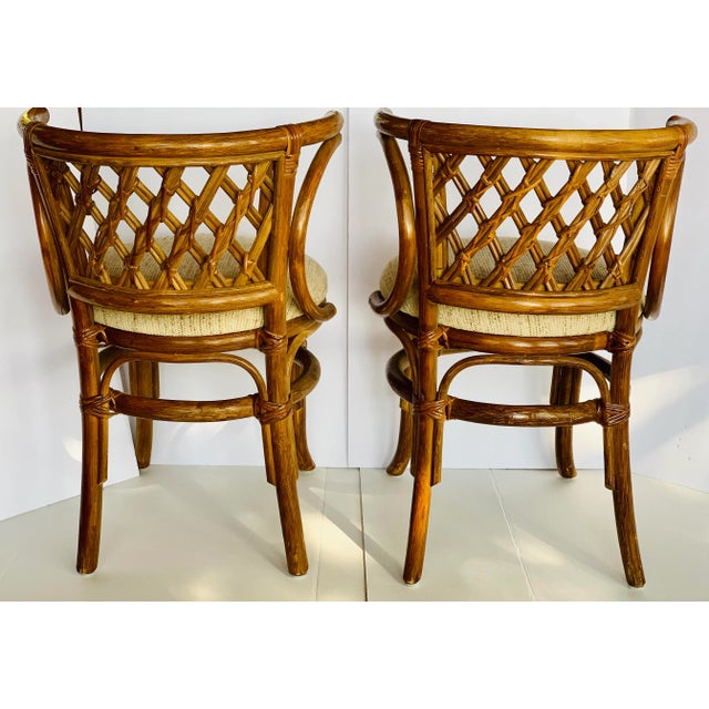1970’s Palm Beach, Coastal Vintage Lattice Back Rattan Bamboo Wicker Cane Horseshoe Chairs With Original Upholstery - A Pair For Sale - Image 11 of 11