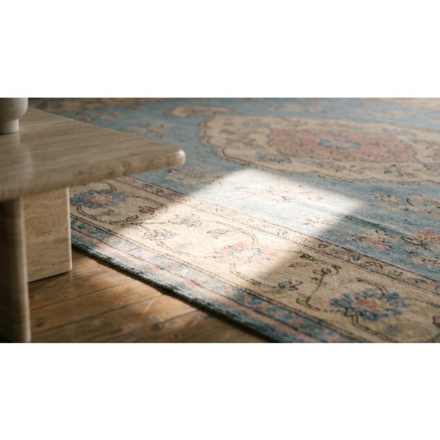 1880s Beige Floral Medallion Antique Turkish Oushak Ghiordes Rug 13' X 14'6" Handknotted Wool Carpet For Sale - Image 9 of 10