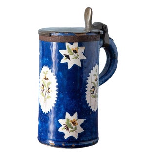 Antique Blue Floral Pewter-Mounted Beer Stein from Brussels Faience, 1800s For Sale