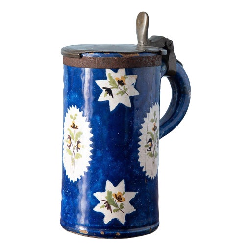 Antique Blue Floral Pewter-Mounted Beer Stein from Brussels Faience, 1800s For Sale