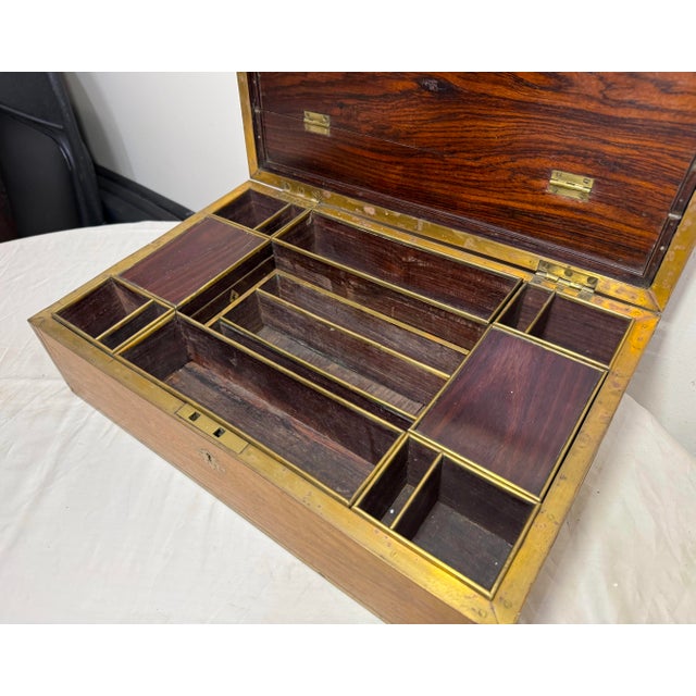 Large High Quality Antique 19th Century Wood Inlaid Brass Writing Lap Desk Box For Sale - Image 15 of 18