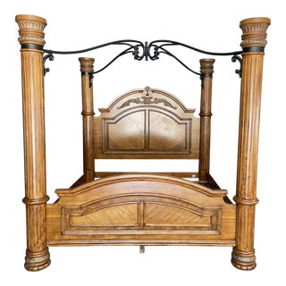 Burl Walnut King Size Bed Frame With Metal Canopy For Sale