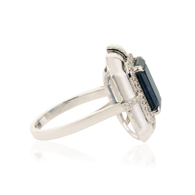 Navy Blue 3.63ct Emerald-Cut Blue Sapphire Diamond Victorian Ring in 18k White Gold Size 6 For Sale - Image 8 of 18
