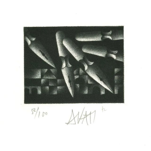 Pens is original etching on paper, realized by the French artist and print-maker master Mario Avati (1921-2009). Hand-...