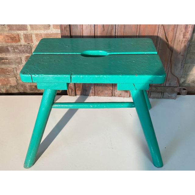 French Brutalist Wooden Stool in Green Paint, 1950s For Sale - Image 4 of 18