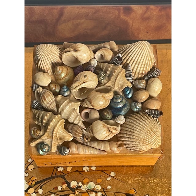 Small vintage folk art handmade with old sea shells wood small jewelry box, signed.
