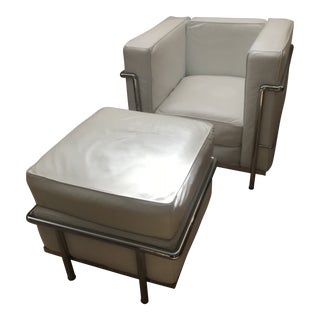 Vintage Mid Century Charles Le Corbusier Style Chrome White Italian Leather Cube Chair & Ottoman For Sale