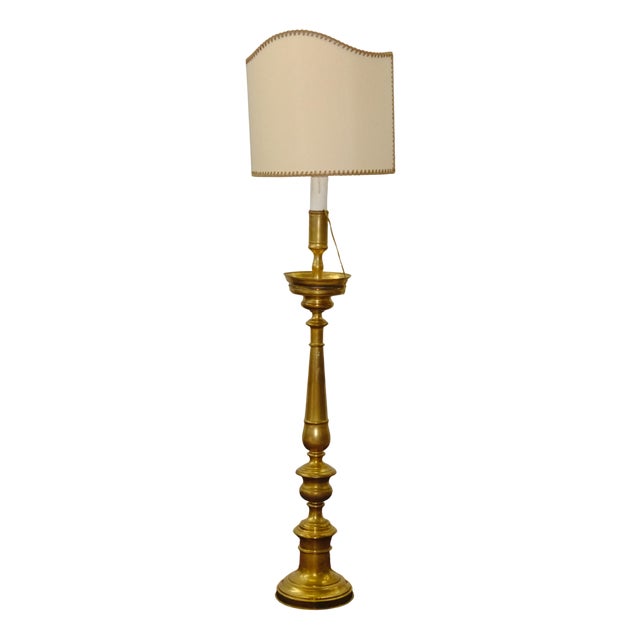 19th Century Brass Torch Lamp with Lampshade For Sale