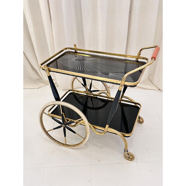 Metal Art Deco Brass and Black Glass Serving Bar Trolley, 1950s For Sale - Image 7 of 18