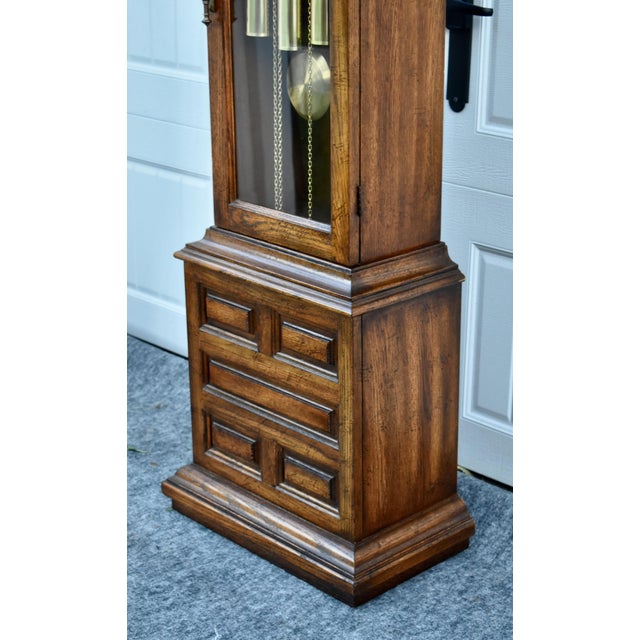 Brown Ridgeway Oak Grandfather Clock Jacobean Style Barley Twist Tempus Fugit For Sale - Image 8 of 18