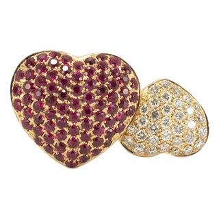 Leo Pizzo 18k Yellow Gold Amore Love Diamond Ruby Double Heart Cocktail Ring, Size 6.5 For Sale
