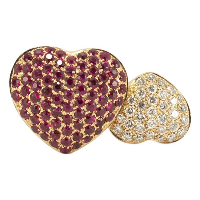 Leo Pizzo 18k Yellow Gold Amore Love Diamond Ruby Double Heart Cocktail Ring, Size 6.5 For Sale