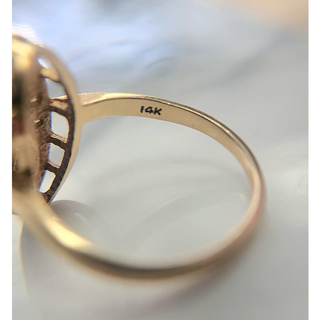 Metal Estate 3 Stone Diamond Elongated Oval Filigree Ring 14k Yellow Gold For Sale - Image 7 of 7