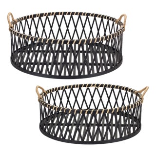 Round Woven Bamboo Trays with Rattan Handle Accent (Set of 2) For Sale