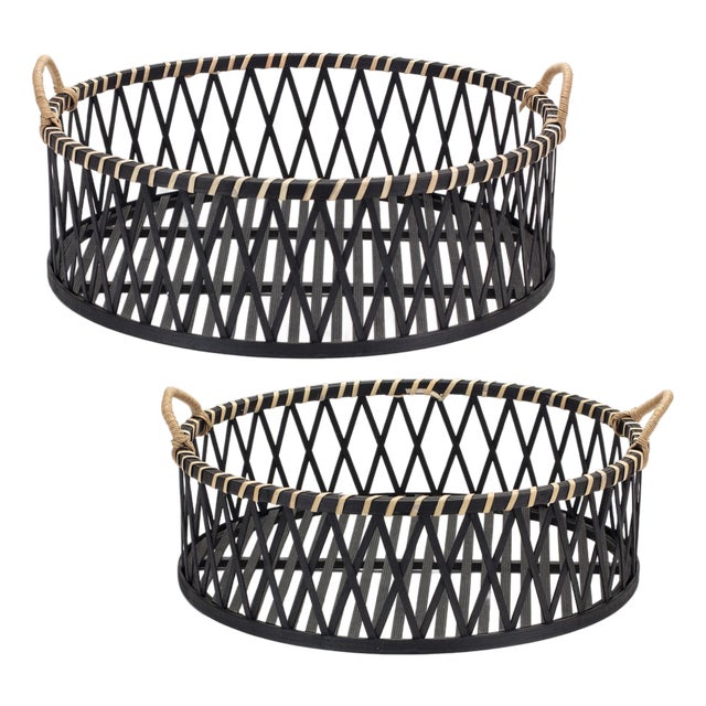 Round Woven Bamboo Trays with Rattan Handle Accent (Set of 2) For Sale