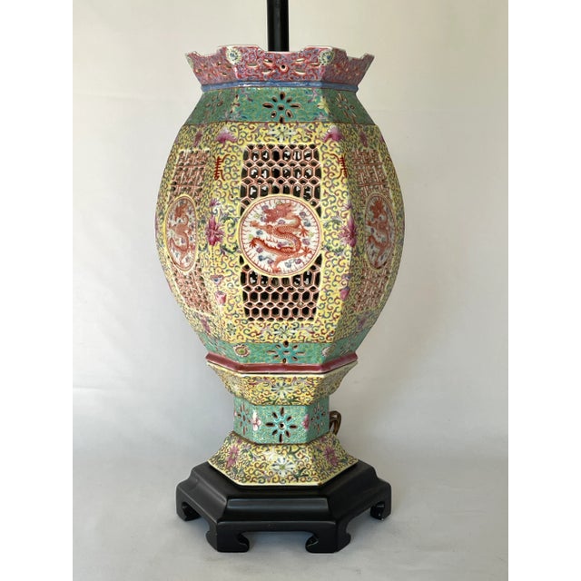 Late 19th- Early 20th century Chinese famille rose porcelain reticulated wedding lantern lamp with central Imperial Dragon...