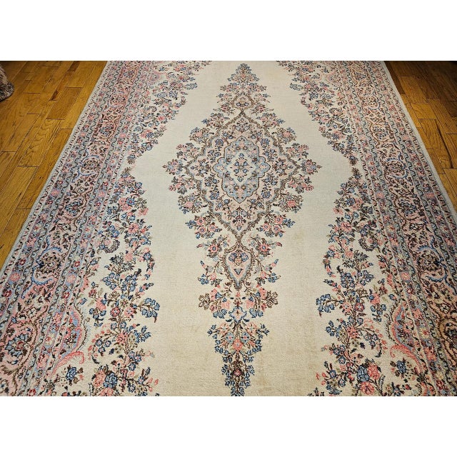 Vintage Oversized Persian Qazvin Area Rug, Hand-Knotted Wool, Floral Medallion, 10x20, Ivory & Blue For Sale - Image 12 of 18
