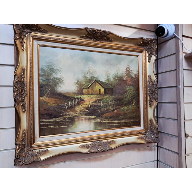 Large vintage 1980s woodland landscape oil painting in decorative gilt frame in excellent condition this evocative vintage...