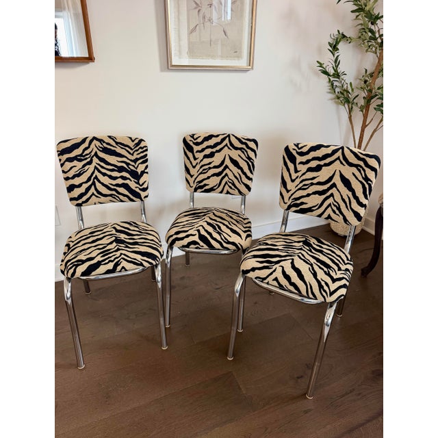 Late 20th Century Vintage Chrome Dinette Chairs in Tiger Chenille - Set of 3 For Sale - Image 5 of 10