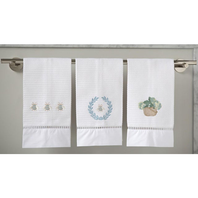 French Country Cream Hydrangea Basket Guest Towel White Waffle Weave, Ladder Lace, Embroidered For Sale - Image 3 of 4