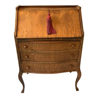 1920s Antique Oak Bow Front Slant Desk With 3 Drawers For Sale