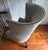 Neoclassical Hepplewhite Style Fluted-Leg Wingback Chair in Neutral Gray Linen Weave For Sale - Image 4 of 5