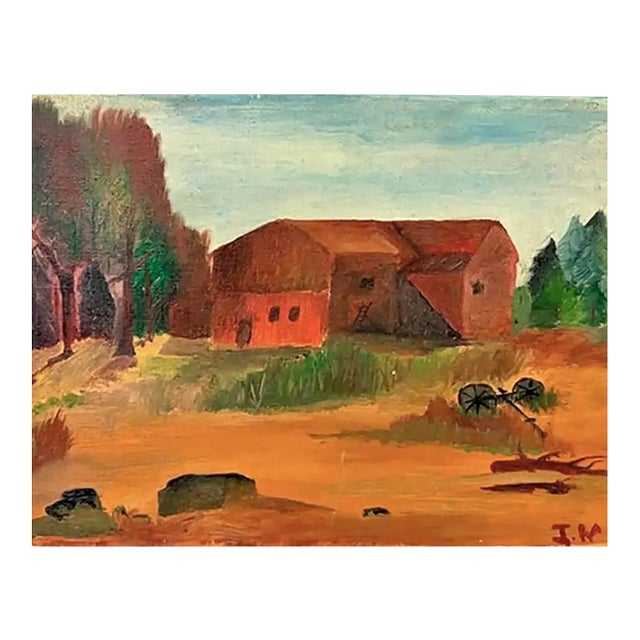 Folk Art Red Barn Painting - New Hampshire, Signed and Dated For Sale