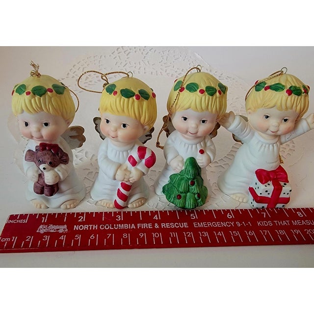 Ceramic .Vintage Bisque Porcelain Angel Figurine Ornaments. Made in Taiwan. Set of Four. For Sale - Image 7 of 9