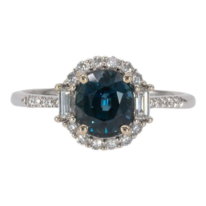 1.7Ct Teal Sapphire Ring With a Diamond Halo: Solid 14k Gold, Size 6.75